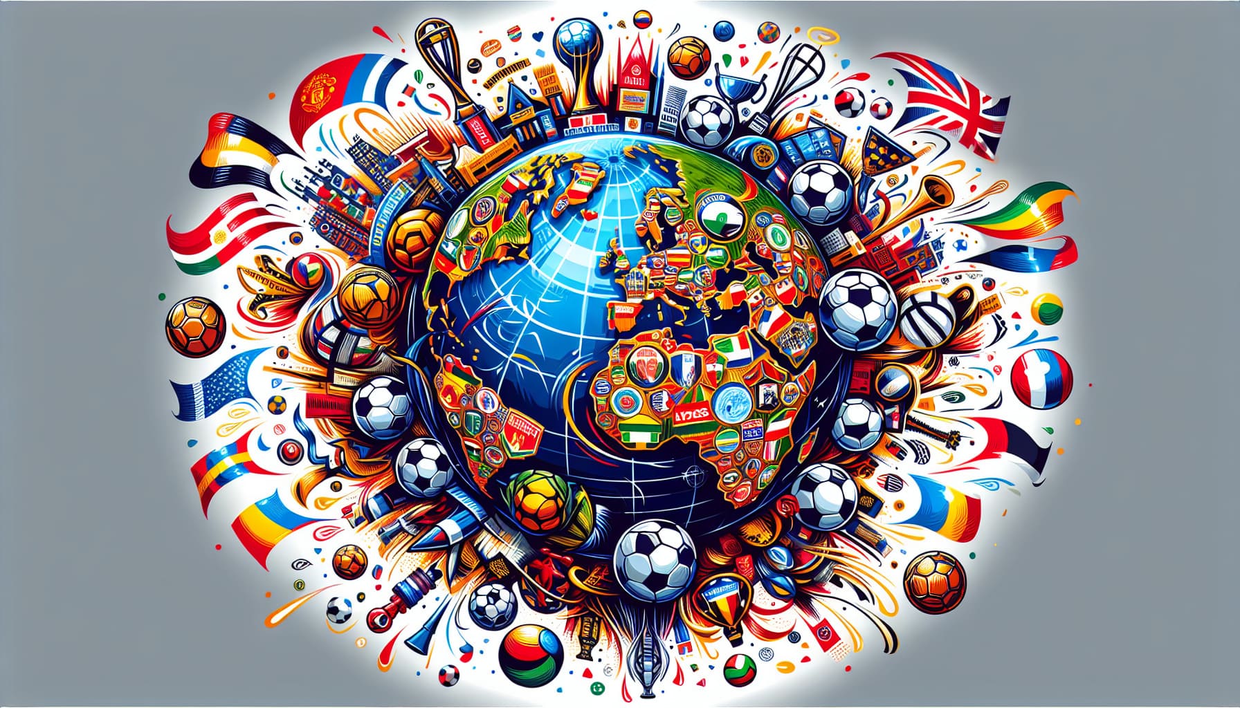 An artistic representation of major football leagues and tournaments around the world.