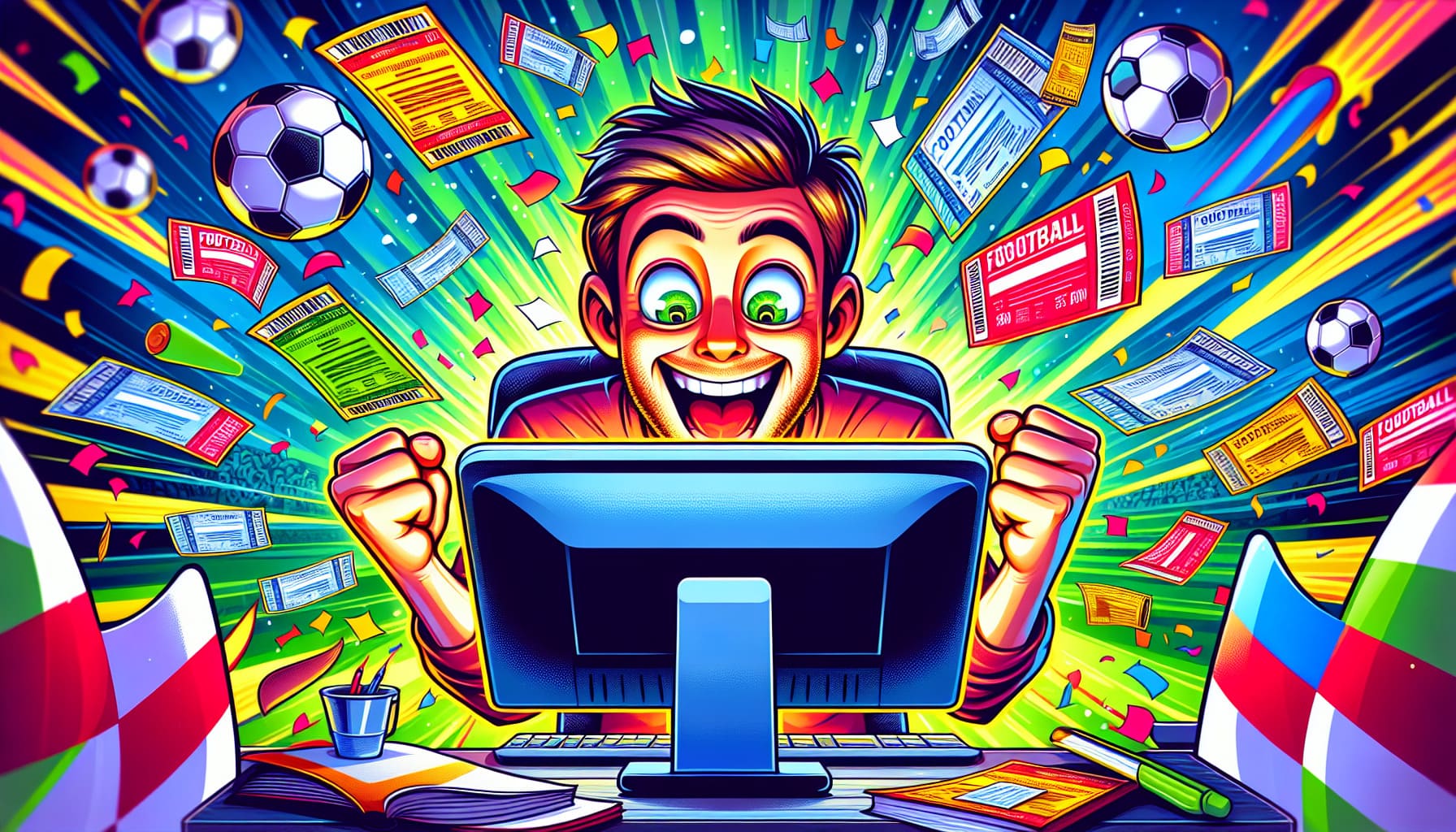 An illustration depicting a person happily purchasing football tickets online.