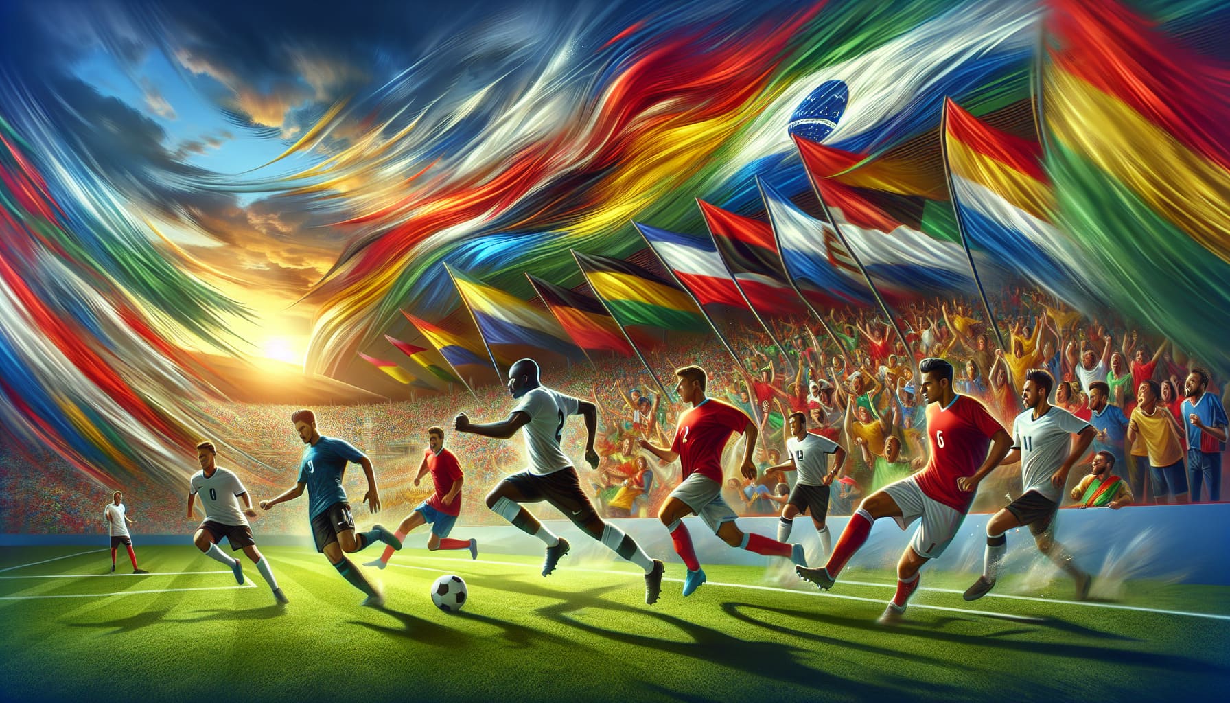 A vibrant illustration of an international football match in action.